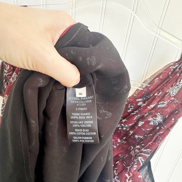 Isabel Marant Etoile Balzan Silk Polka Dot Dress Burgundy Strapless V Neck Sz 6 - Picture 4 of 8